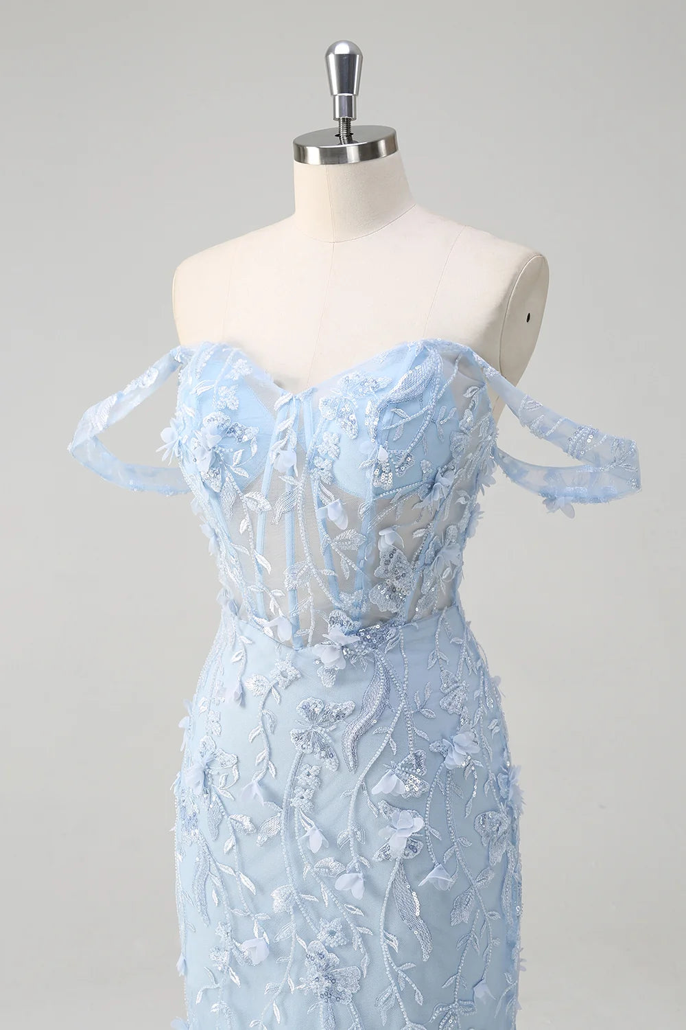 Sky Blue Sequin Tulle Trumpet Sweetheart Lace-Up Back Floor-Length Dress