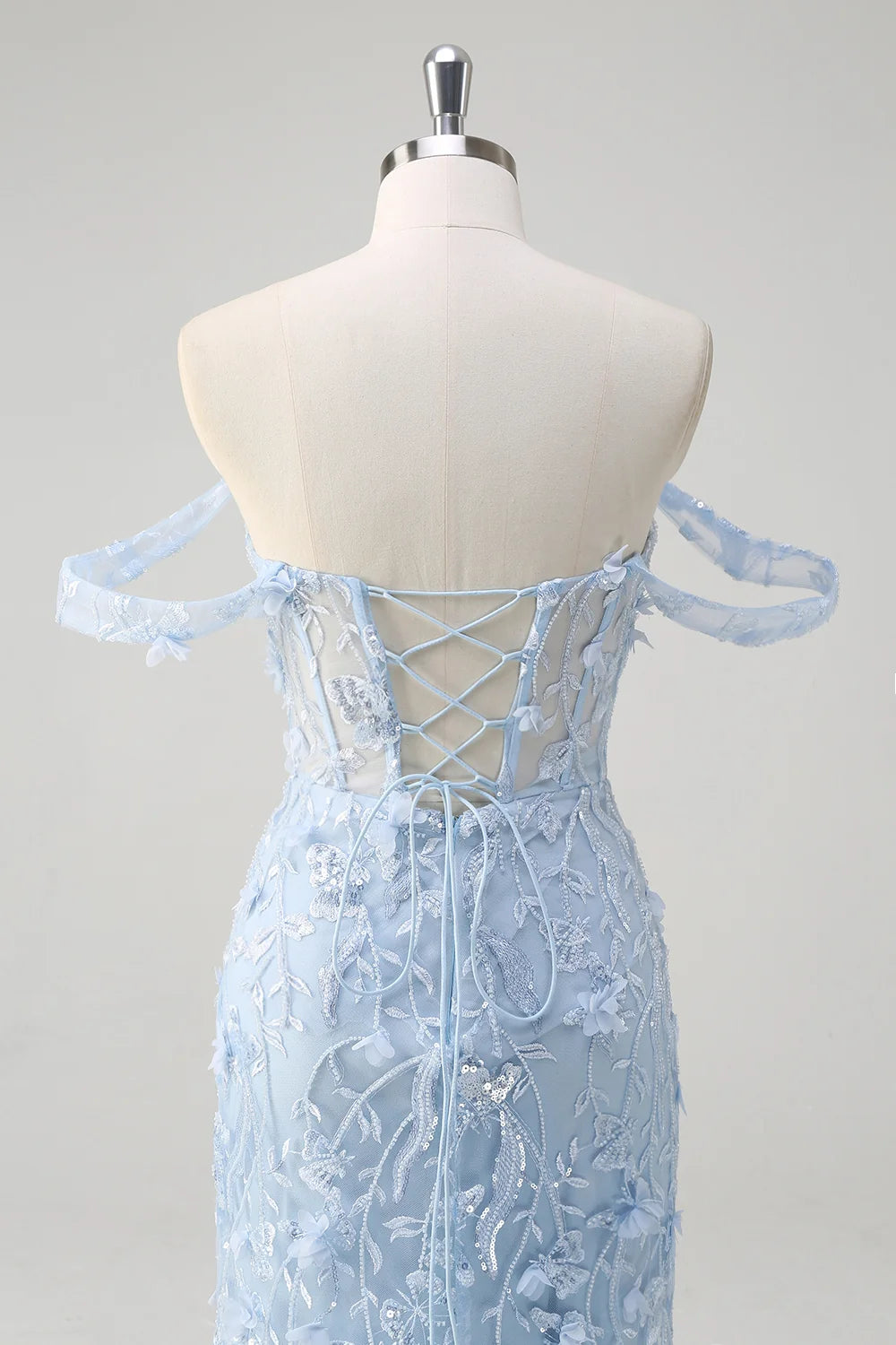 Sky Blue Sequin Tulle Trumpet Sweetheart Lace-Up Back Floor-Length Dress