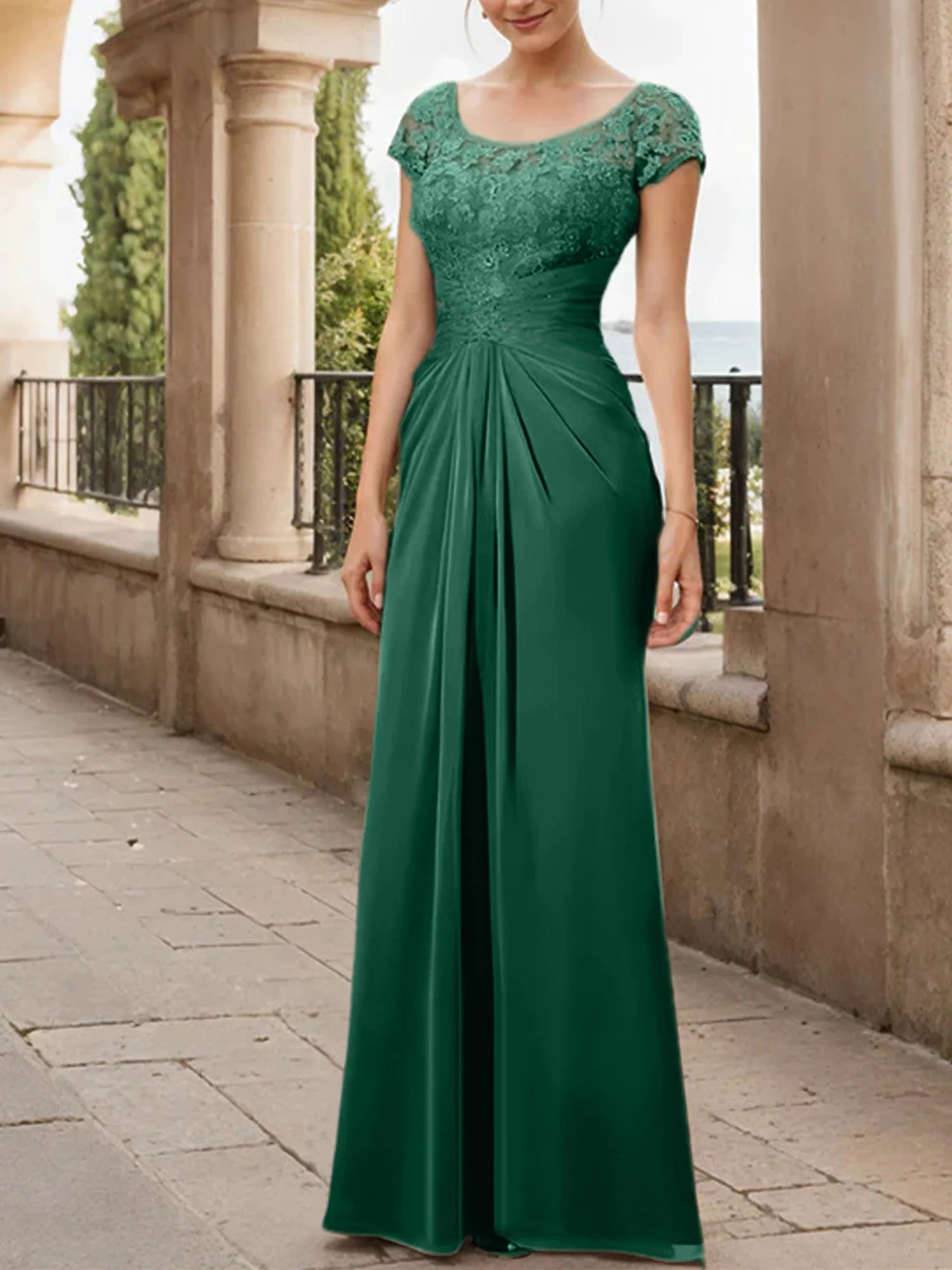 Sheath Scoop Floor-Length Chiffon Mother Of The Bride Dresses With Lace Ruffle