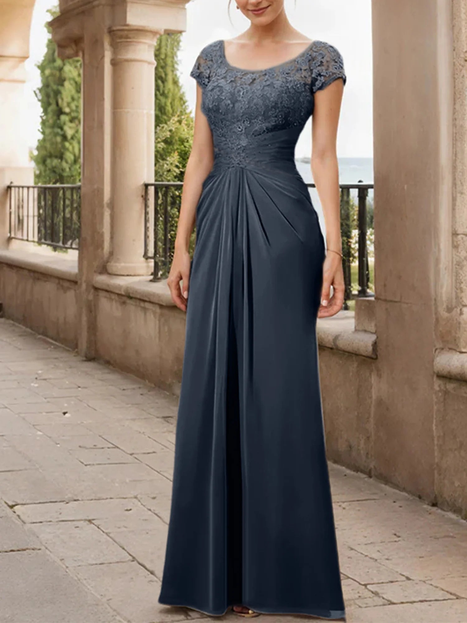 Sheath Scoop Floor-Length Chiffon Mother Of The Bride Dresses With Lace Ruffle