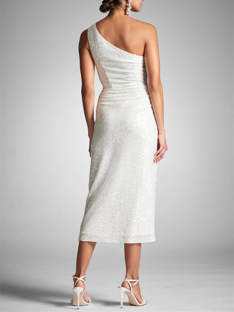 Sheath One Shoulder Tea-Length Homecoming Dresses Party Dress