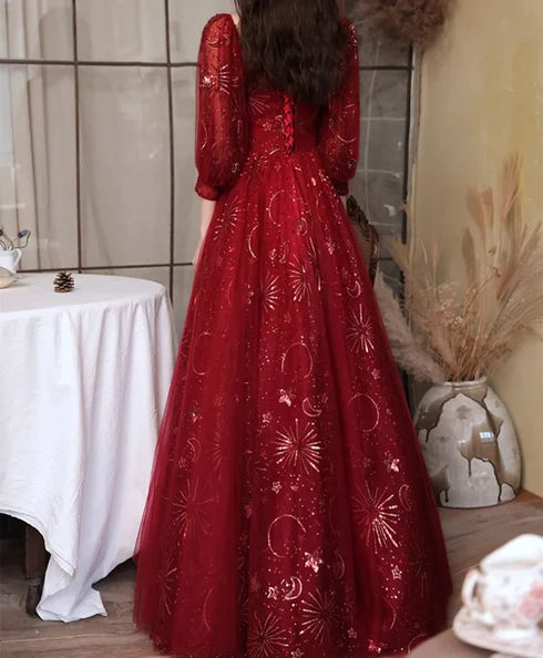 Dreamy A-line Square Puff Sleeve Lace Up Back Long Prom Dress