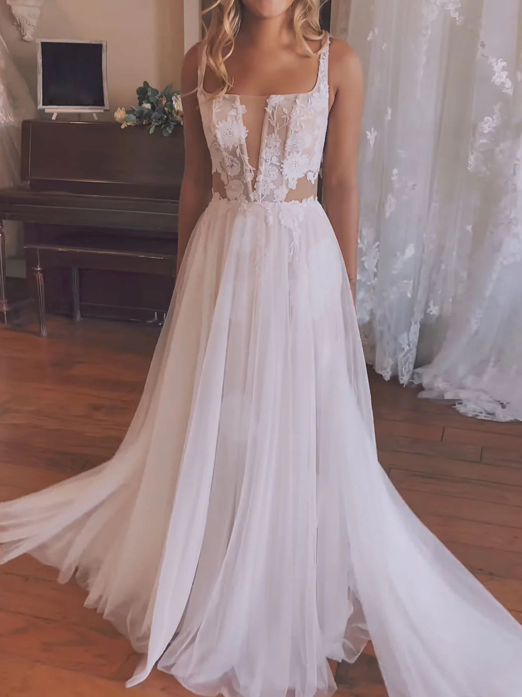 Aline Chiffon Lace White Long Prom Dress