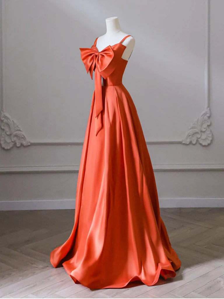 A-Line Orange Satin Long Prom Party Dresses