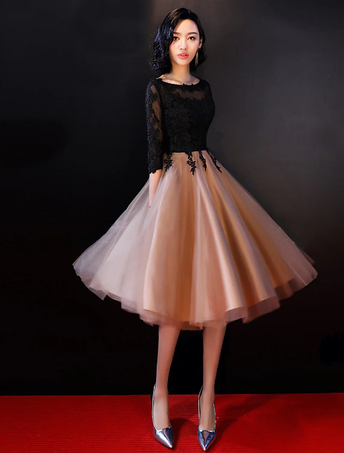 A-Line Celebrity Style Wedding Guest Cocktail Party Dress Boat Neck Backless Half Sleeve Knee Length Lace