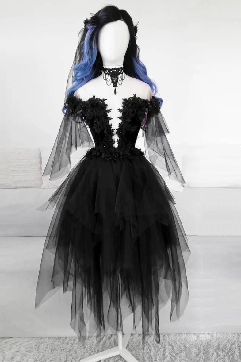 Black round neck tulle lace short evening dress