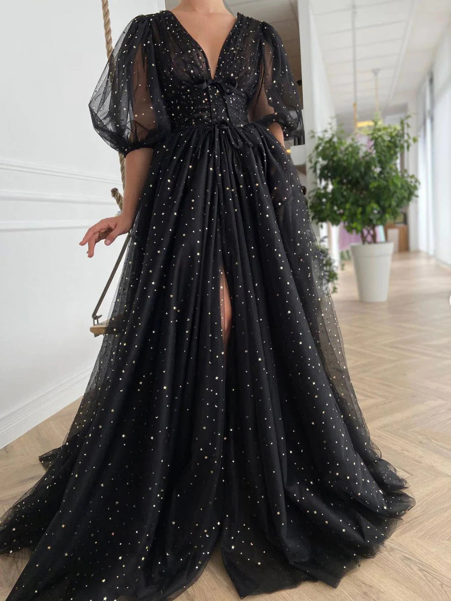 Black v neck tulle long Evening prom dress