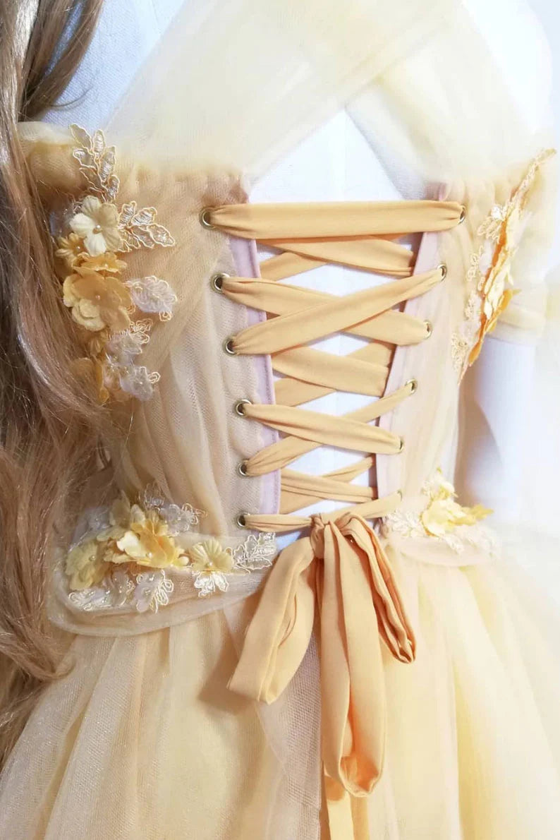 Yellow sweetheart lace tulle long Evening formal dress