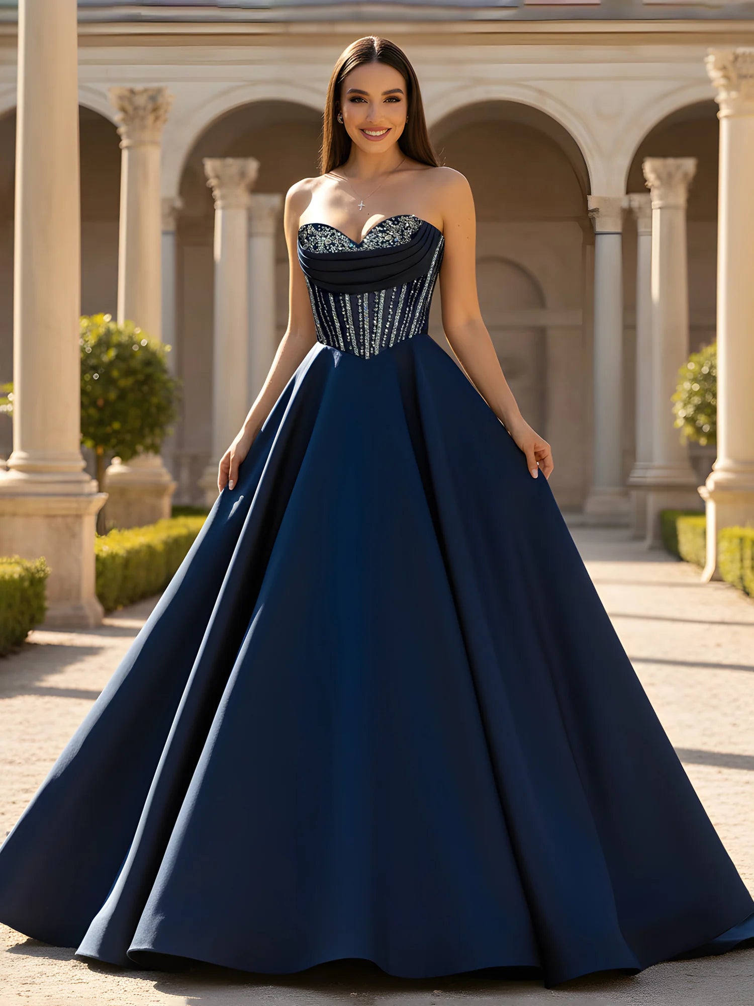 Dark Navy Satin ball-gown sweetheart lace-up-back floor-length Dress