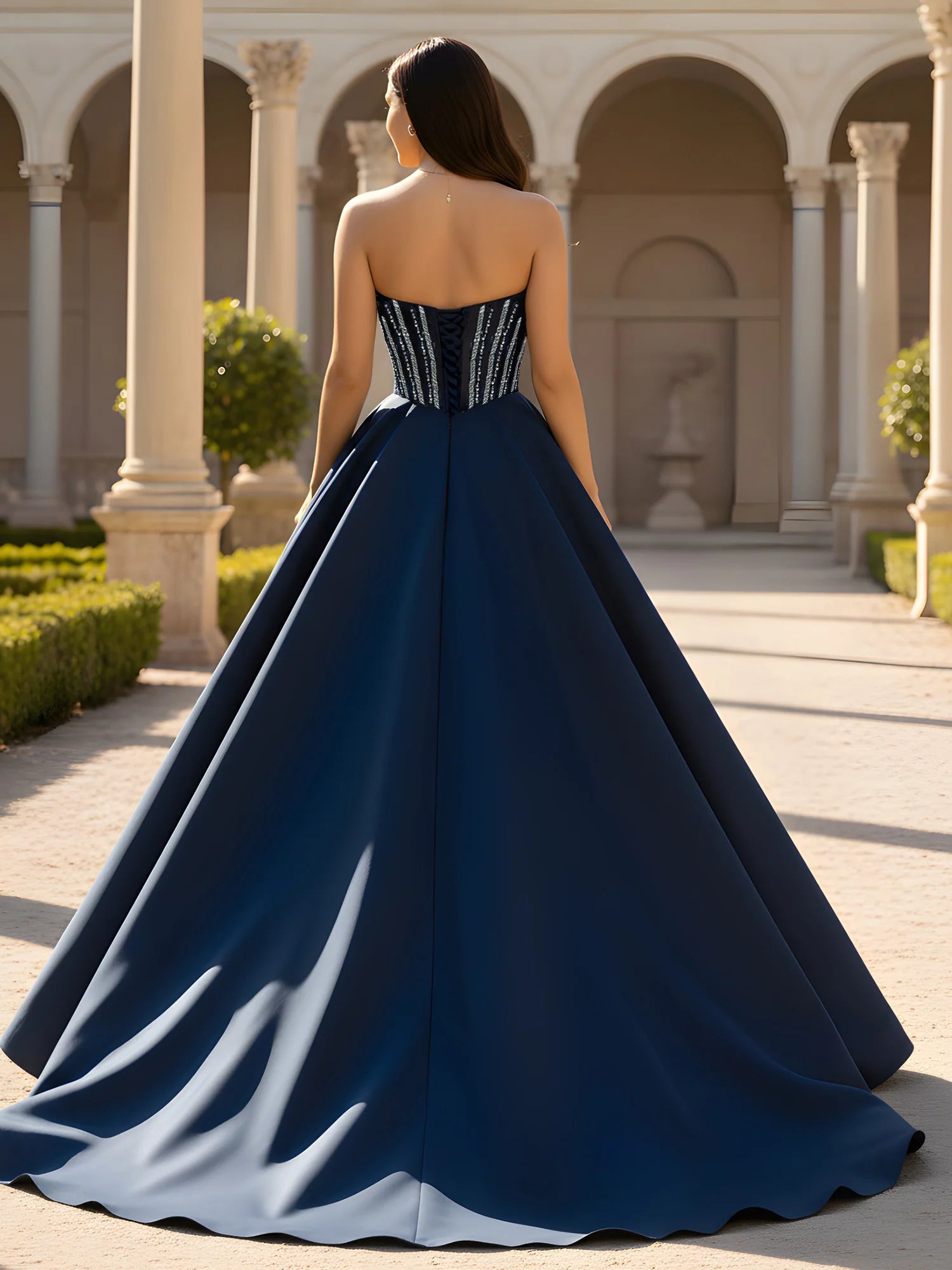 Dark Navy Satin ball-gown sweetheart lace-up-back floor-length Dress