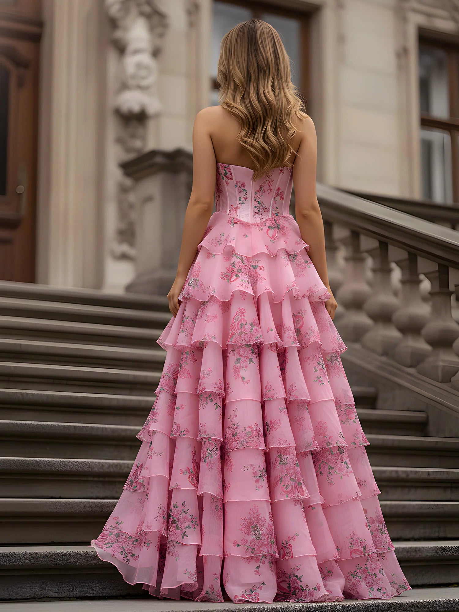 Blushing Pink Floral Organza Tiered Sweetheart V-Back Floor-Length Dress
