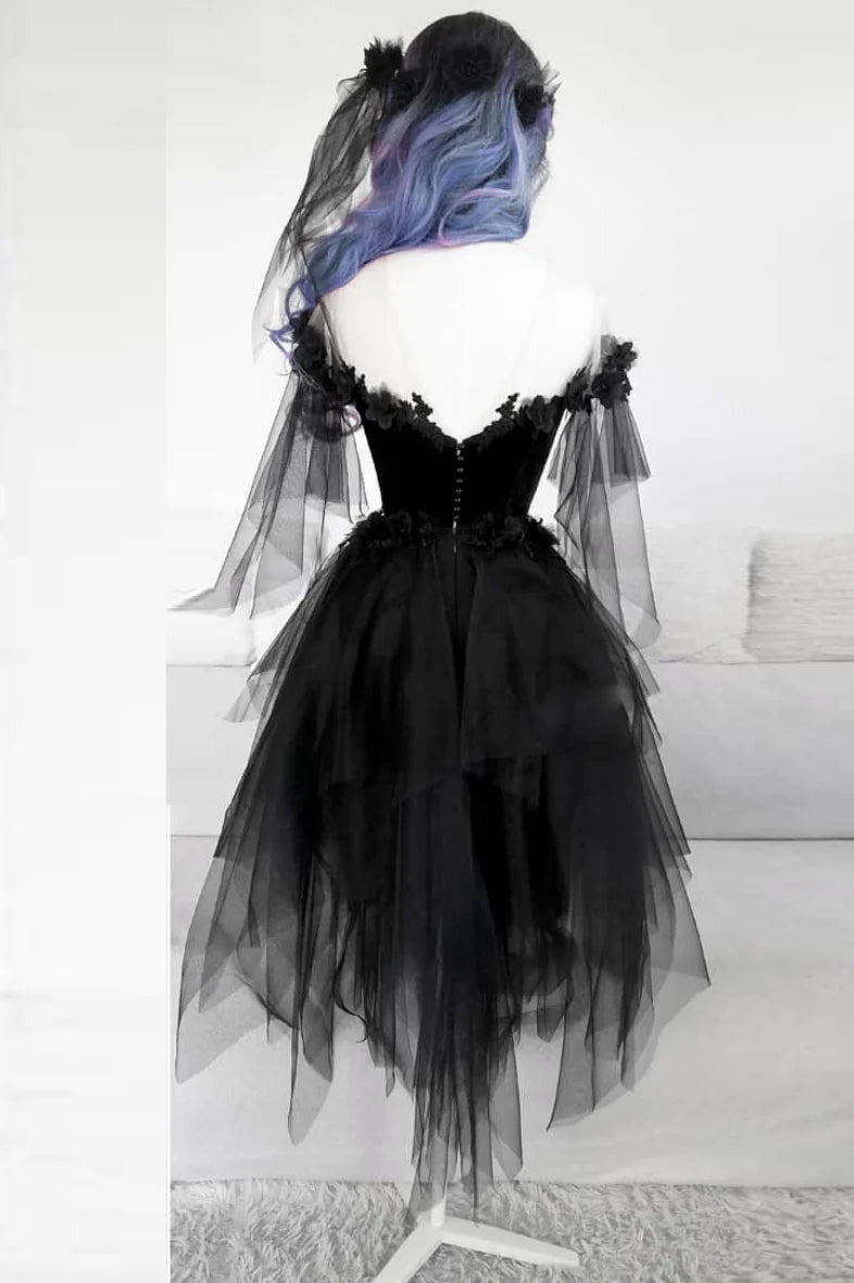 Black round neck tulle lace short evening dress