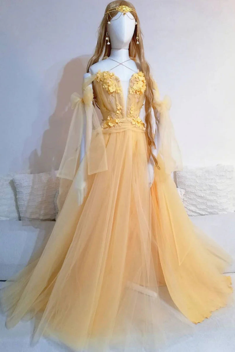 Yellow sweetheart lace tulle long Evening formal dress