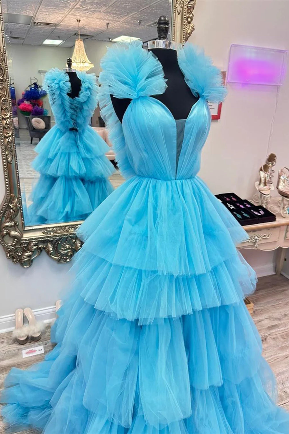Weitese Gorgeous A Line V Neck Blue Long Prom Dress with Ruffles