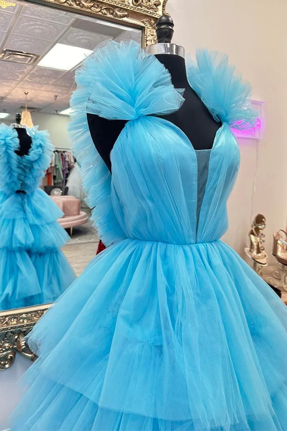 Weitese Gorgeous A Line V Neck Blue Long Prom Dress with Ruffles