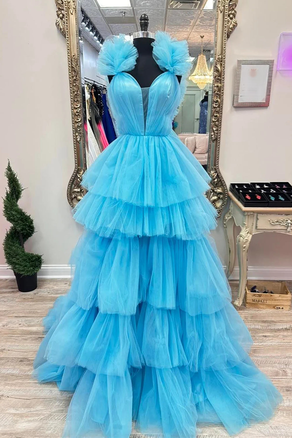 Weitese Gorgeous A Line V Neck Blue Long Prom Dress with Ruffles