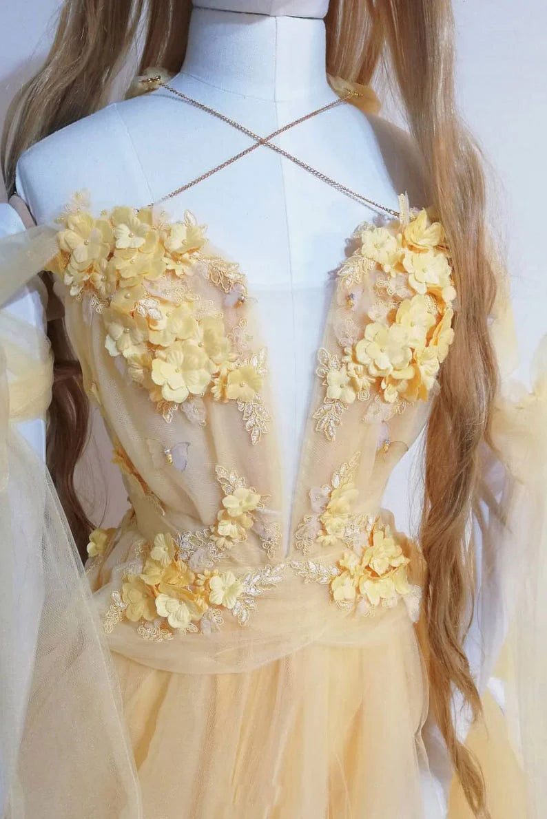 Yellow sweetheart lace tulle long Evening formal dress
