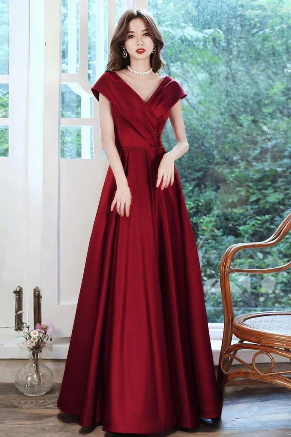 Weitese Beautiful A Line V Neck Burgundy Long Prom Dress with Ruffles
