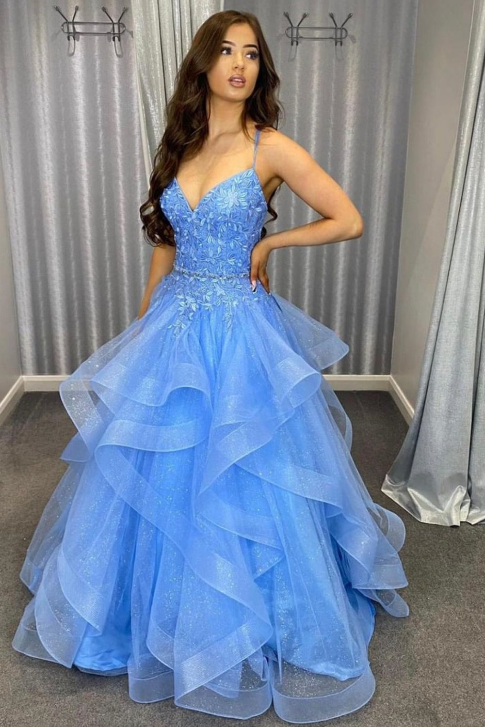 Weitese Princess A Line Spaghetti Straps Blue Long Prom Dress with Appliques