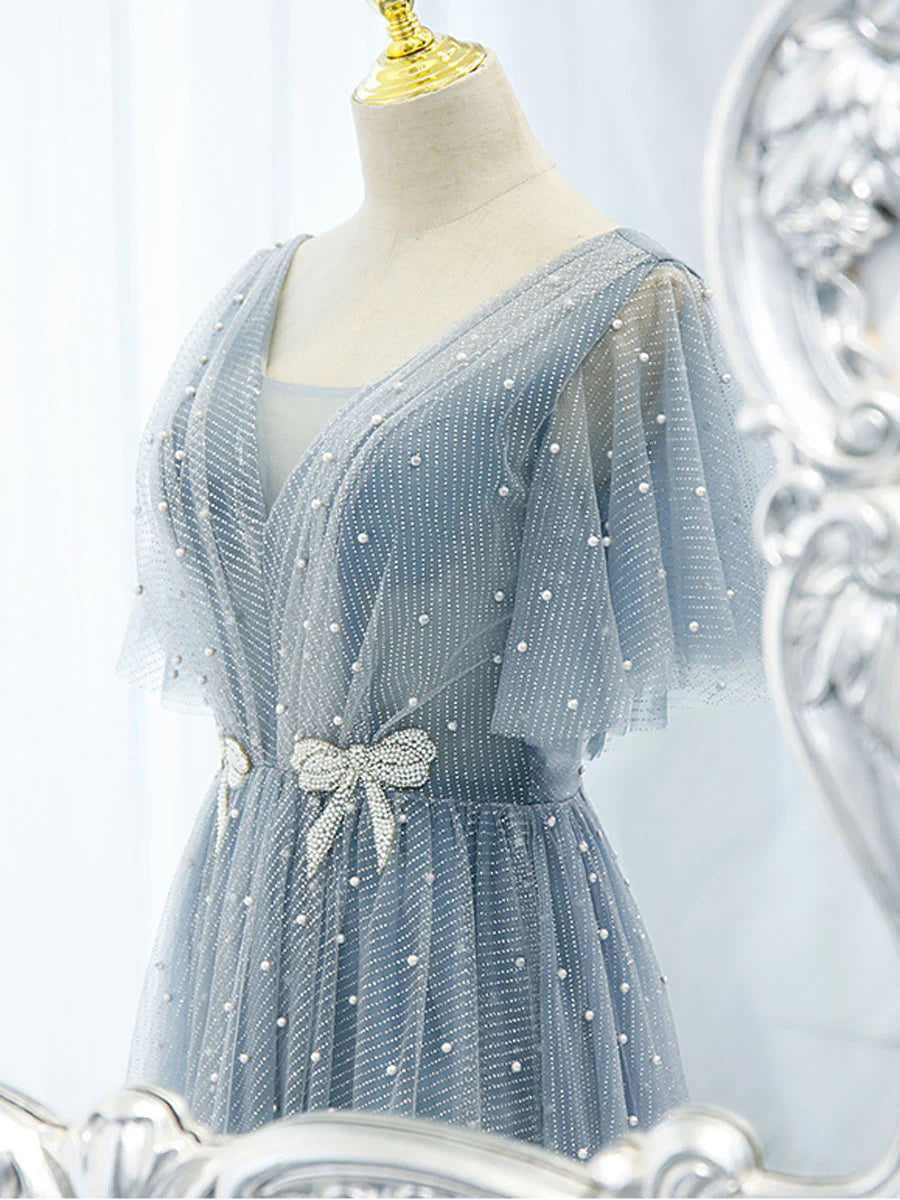 Bow Backless Blue V Neck Tulle Beads Long Evening Prom Dresses
