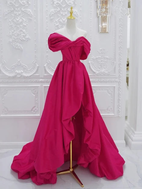 Fuchsia Satin A-Line Off-the-Shoulder Low-Back High-Low Dress