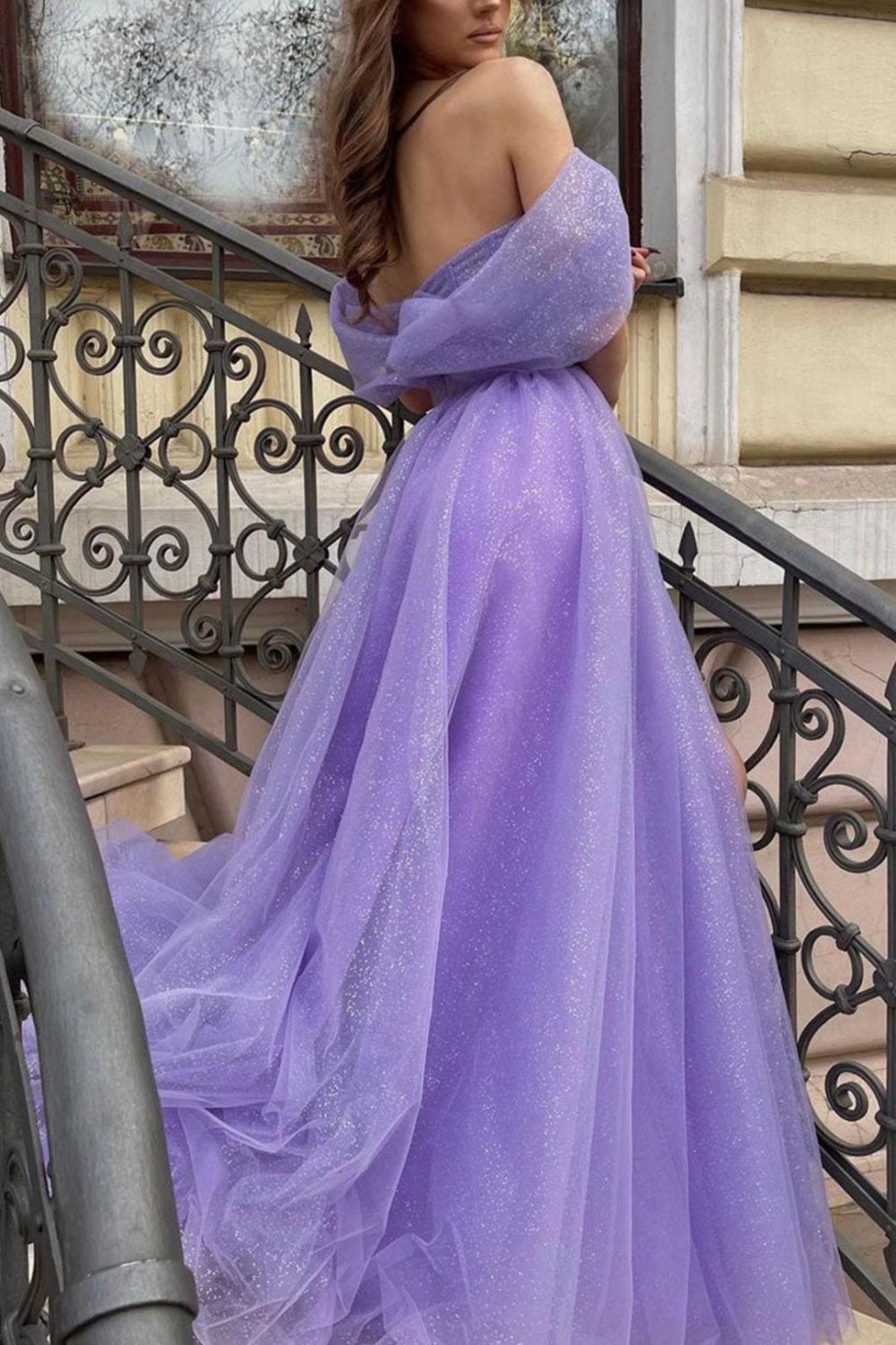 Robe de bal longue violette à épaules dénudées et fente Weitese