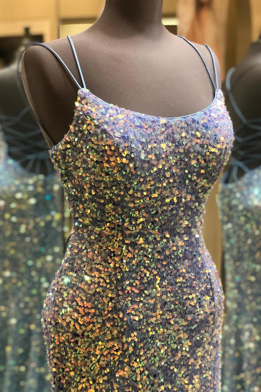 Weitese Sparkly Mermaid Spaghetti Straps Blue Sequins Long Prom Dress with Criss Cross Back