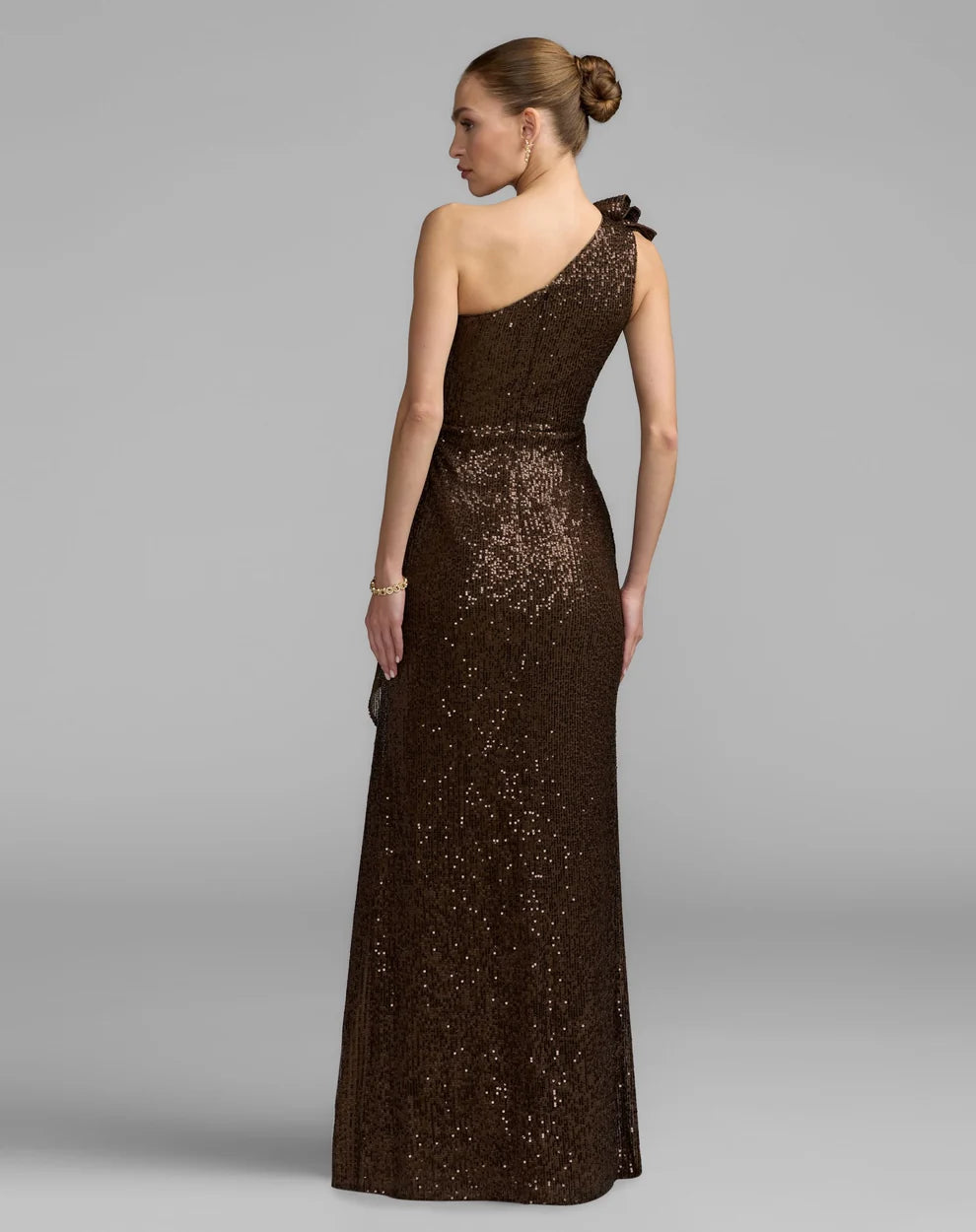 Espresso Sequin Sheath One Shoulder Zipper Back Floor Length Dress