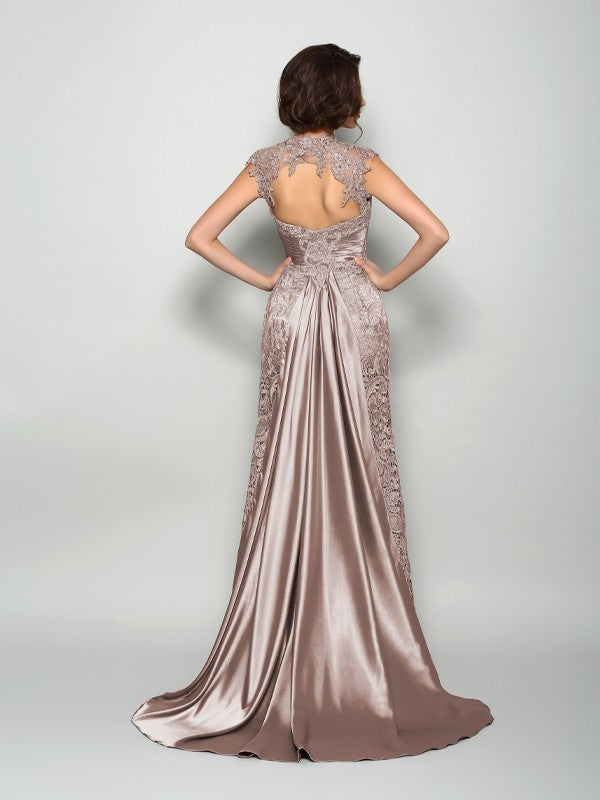 High Neck Sleeveless Long Woven Satin Mother of the Bride Dresses