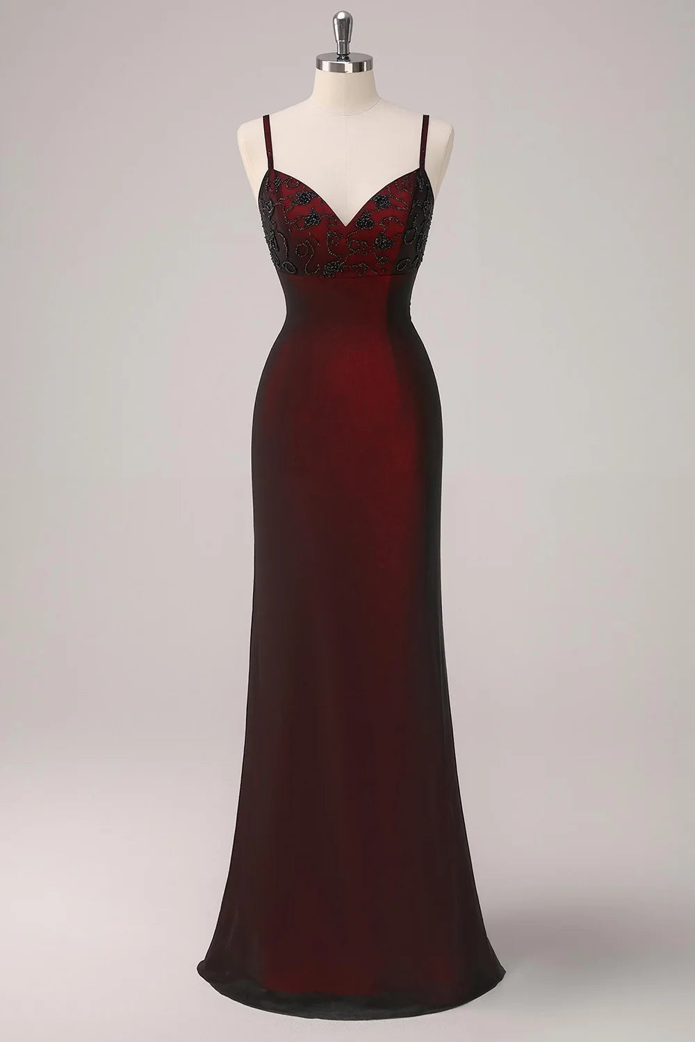 Burgundy Satin Sheath V-Neck V-Back Floor-Length Dress