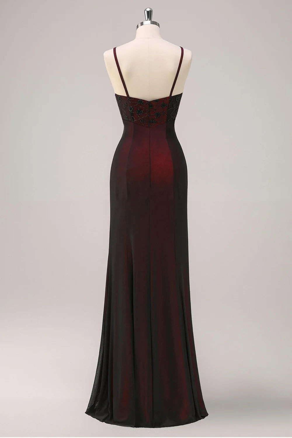 Burgundy Satin Sheath V-Neck V-Back Floor-Length Dress