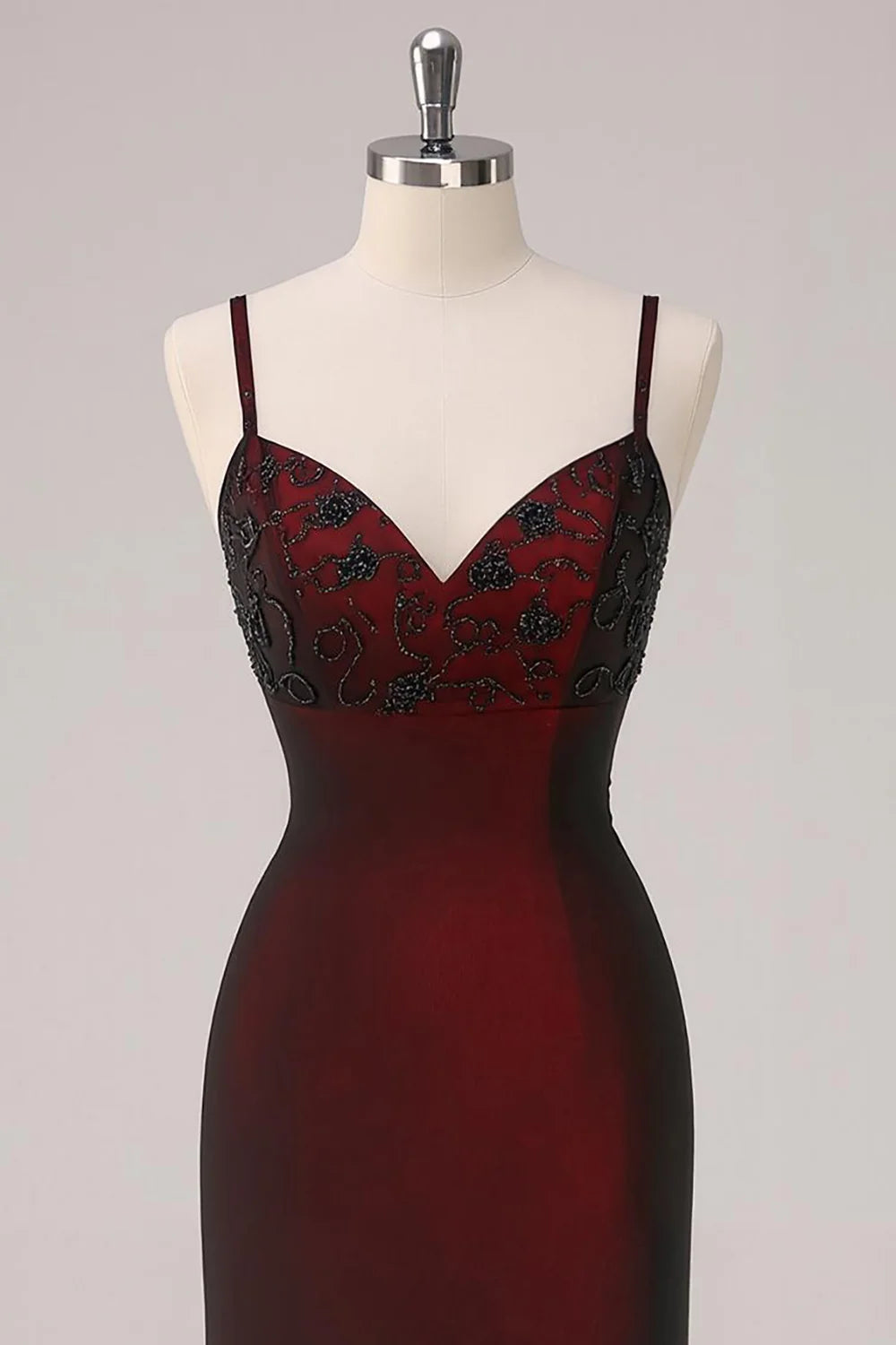 Burgundy Satin Sheath V-Neck V-Back Floor-Length Dress