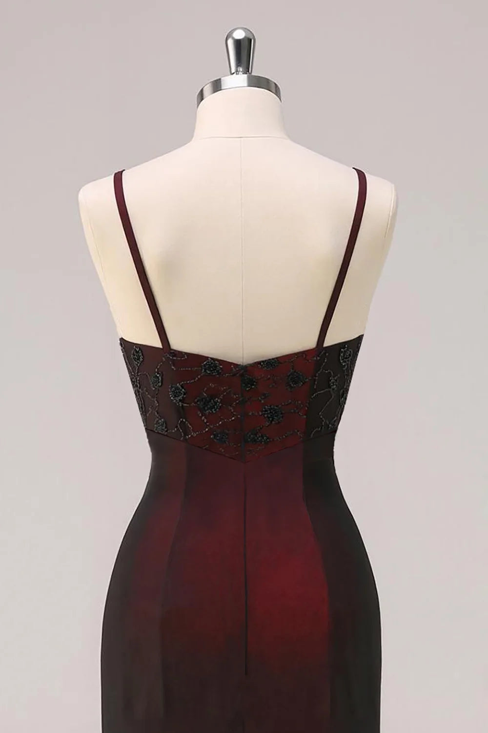 Burgundy Satin Sheath V-Neck V-Back Floor-Length Dress