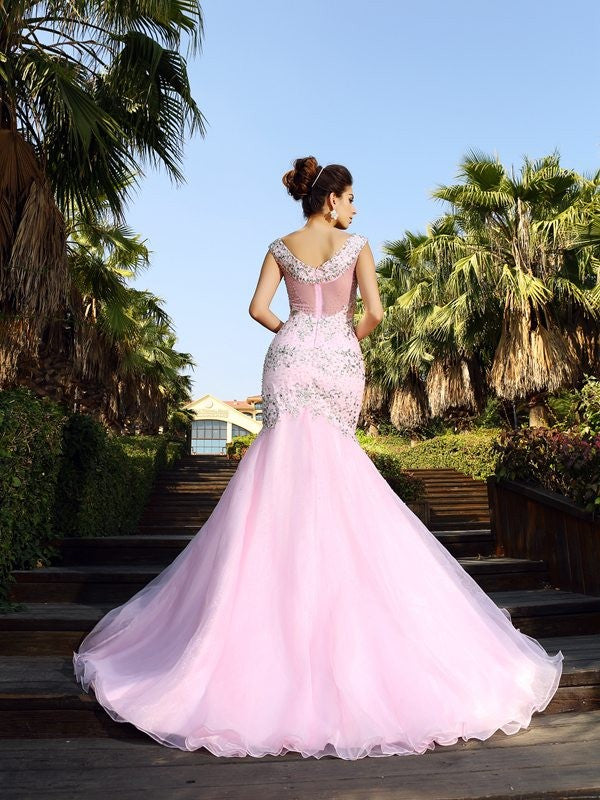 Vestidos largos de satén sin mangas con cuello en V y cuentas