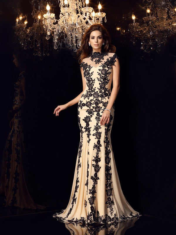 High Neck Applique Sleeveless Long Chiffon Dresses