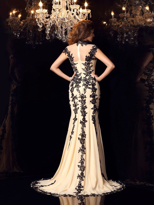 High Neck Applique Sleeveless Long Chiffon Dresses