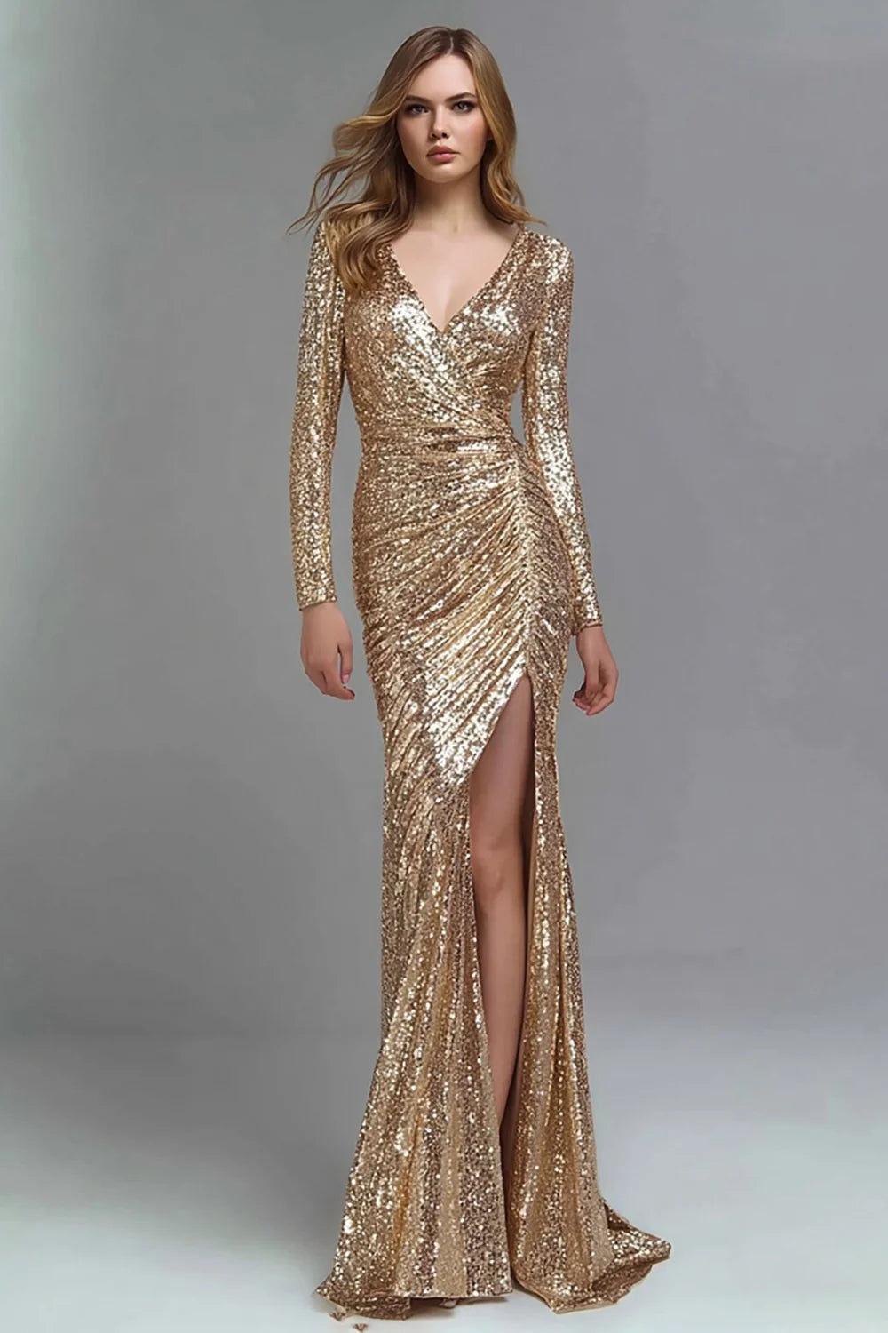 Gold Sequin Sheath V-Neck Zipper Back Floor-Length Dress