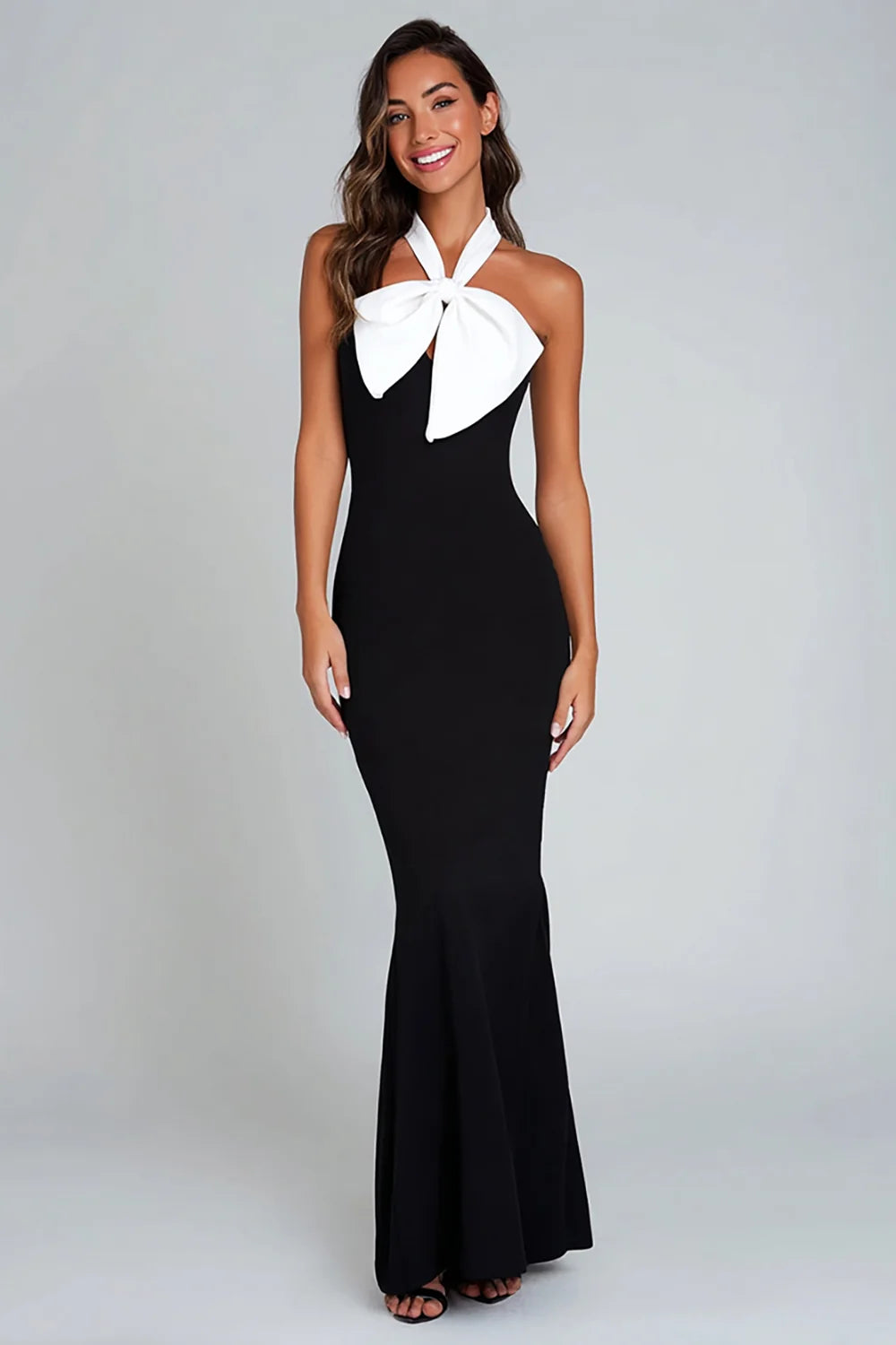 Black Crepe Mermaid Halter Tie Back Floor-Length Dress