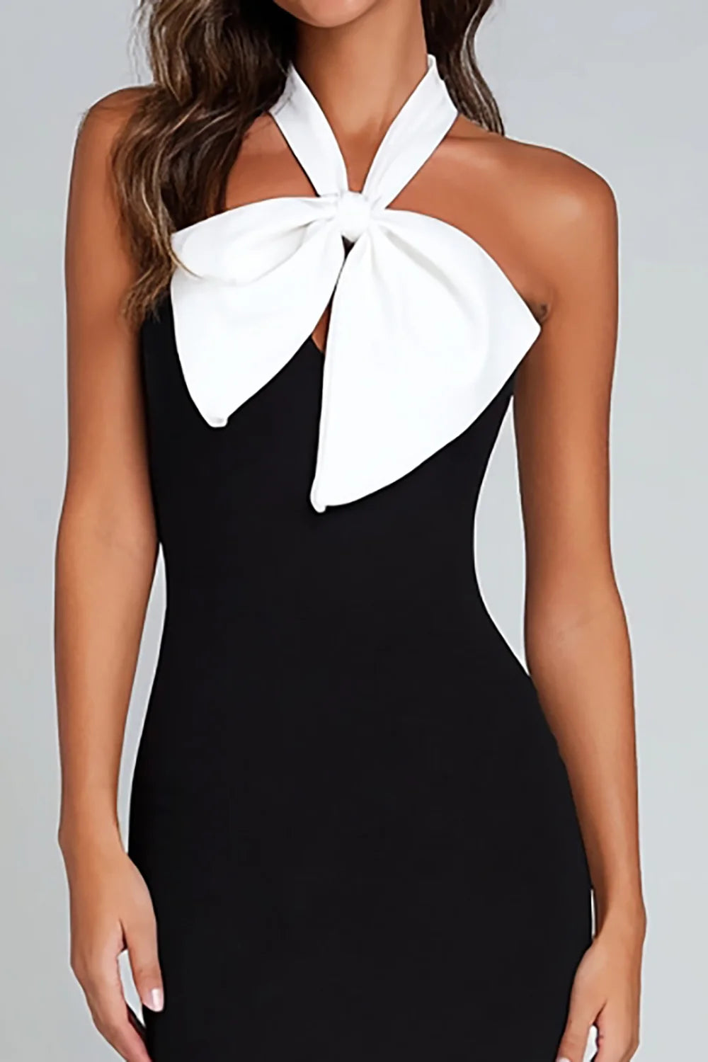 Black Crepe Mermaid Halter Tie Back Floor-Length Dress