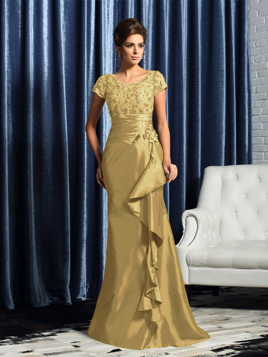 Scoop Beading Short Sleeves Applique Long Taffeta Mother of the Bride Dresses