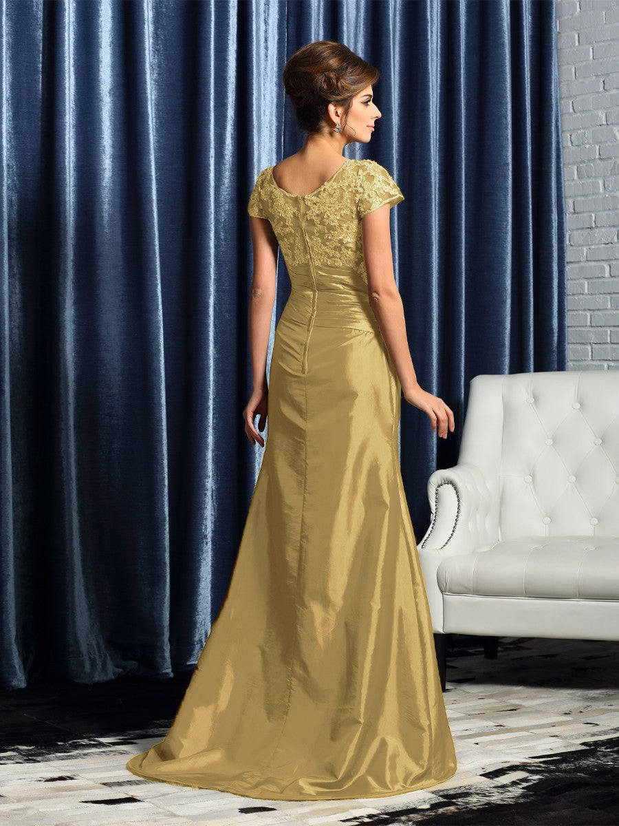 Scoop Beading Short Sleeves Applique Long Taffeta Mother of the Bride Dresses