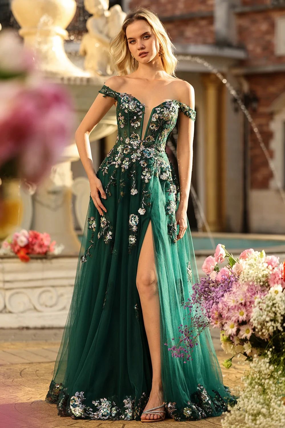 Forest Green Tulle & Sequin Embroidery A-Line Floor-Length Dress