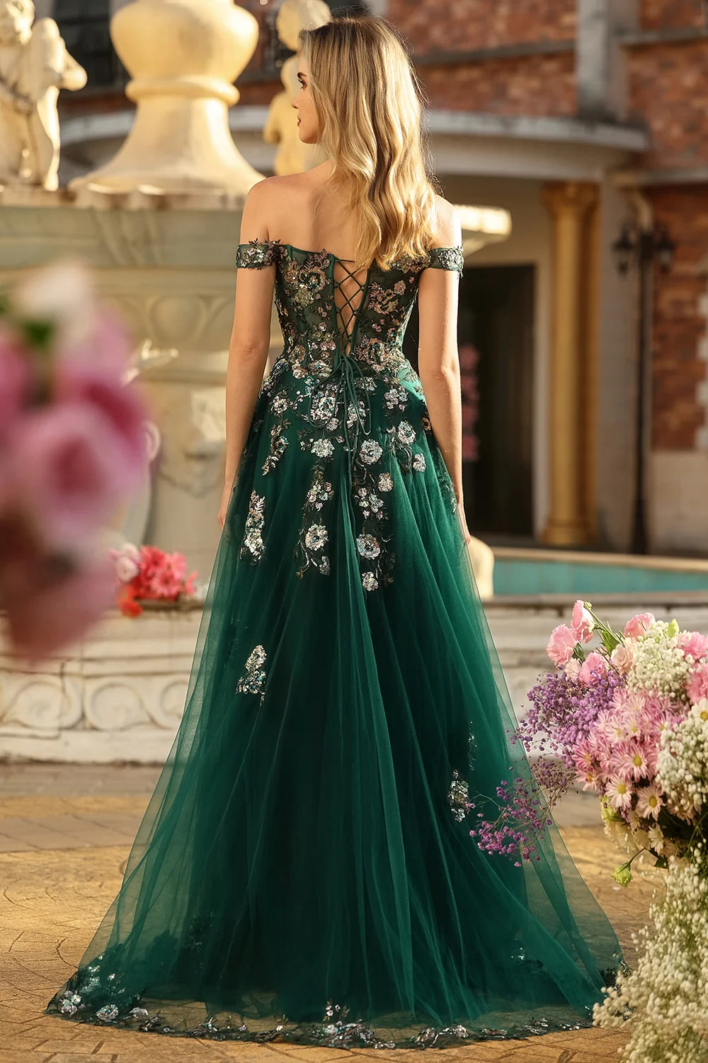 Forest Green Tulle & Sequin Embroidery A-Line Floor-Length Dress