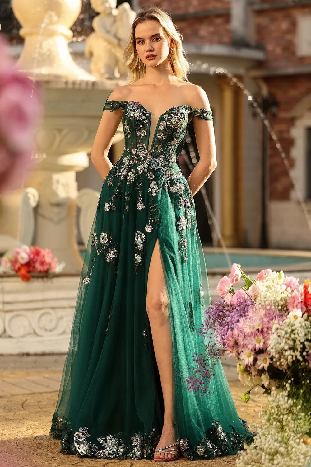 Forest Green Tulle & Sequin Embroidery A-Line Floor-Length Dress