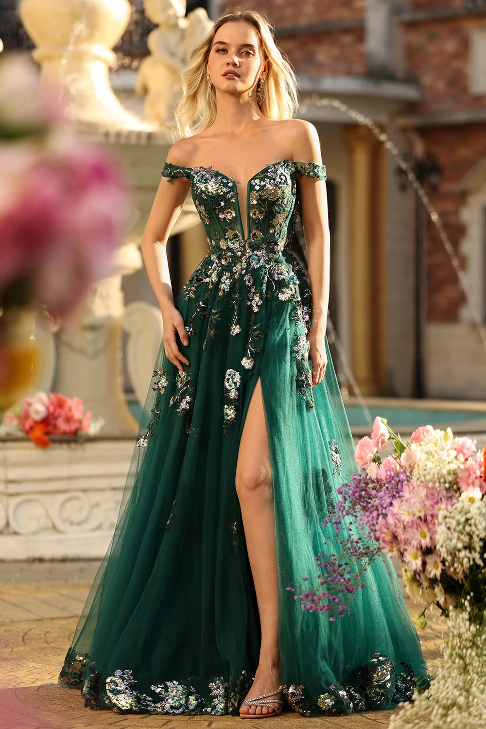 Forest Green Tulle & Sequin Embroidery A-Line Floor-Length Dress