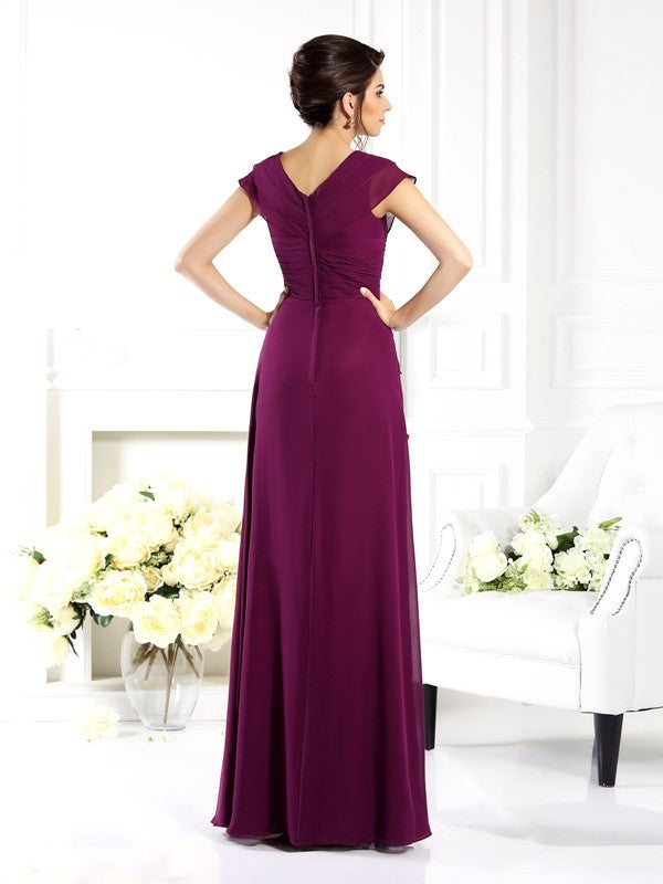 V-neck Short Sleeves Long Chiffon Mother of the Bride Dresses
