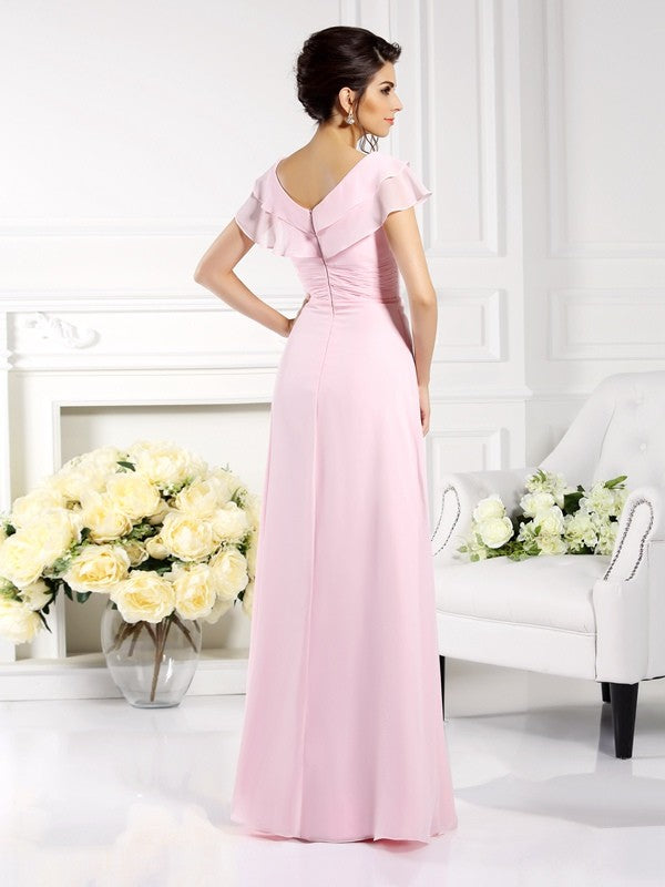 V-neck Ruffles Short Sleeves Long Chiffon Mother of the Bride Dresses
