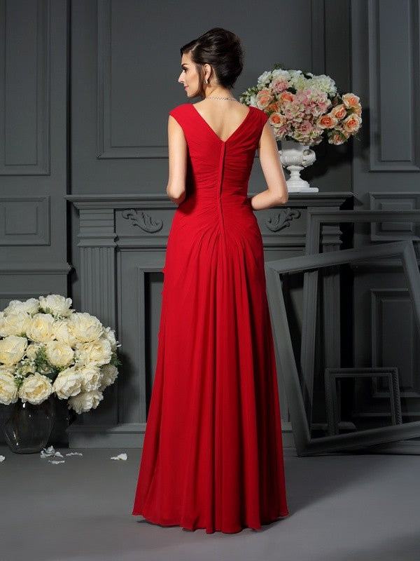 V-neck Hand-Made Flower Sleeveless Long Chiffon Mother of the Bride Dresses
