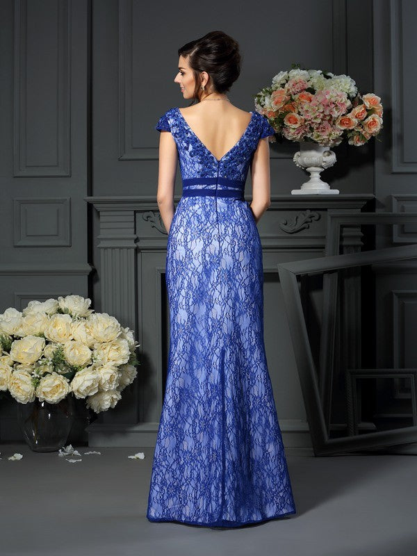 V-neck Beading Short Sleeves Long Satin Mother of the Bride Dresses
