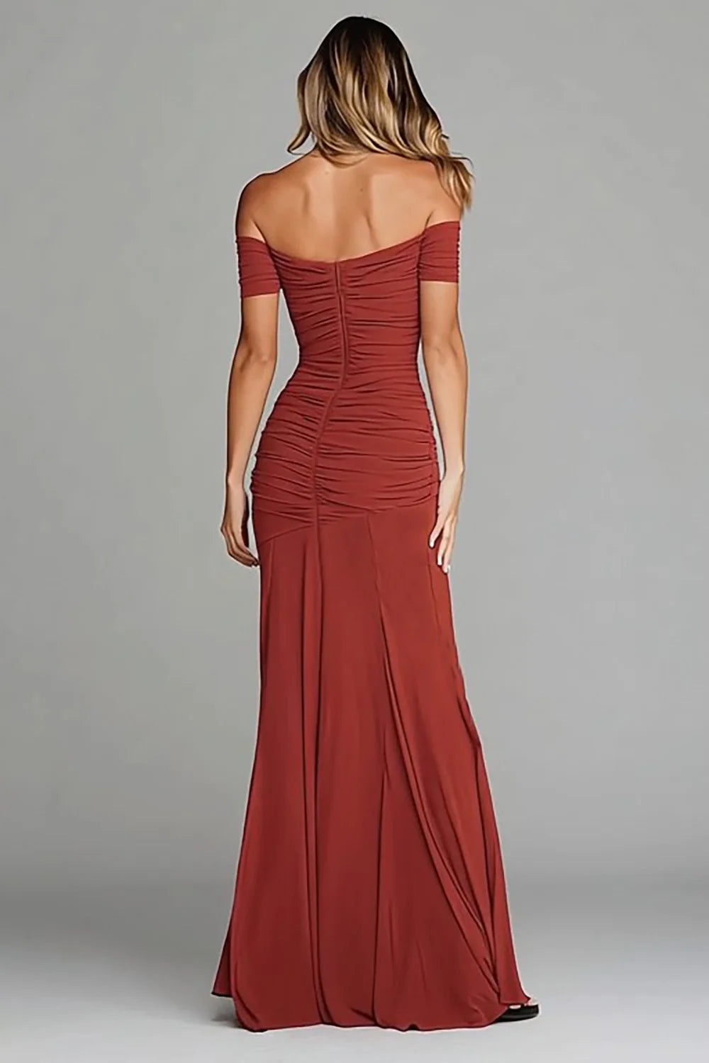 Rust Mesh Sheath Off-the-Shoulder Zipper Back Floor-Length Dress
